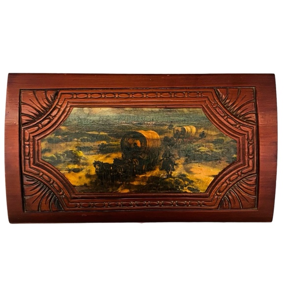 Antique Hand Carved Wooden Western Scene Covered Wagons & Cowboys Keepsake Box - Picture 2 of 11